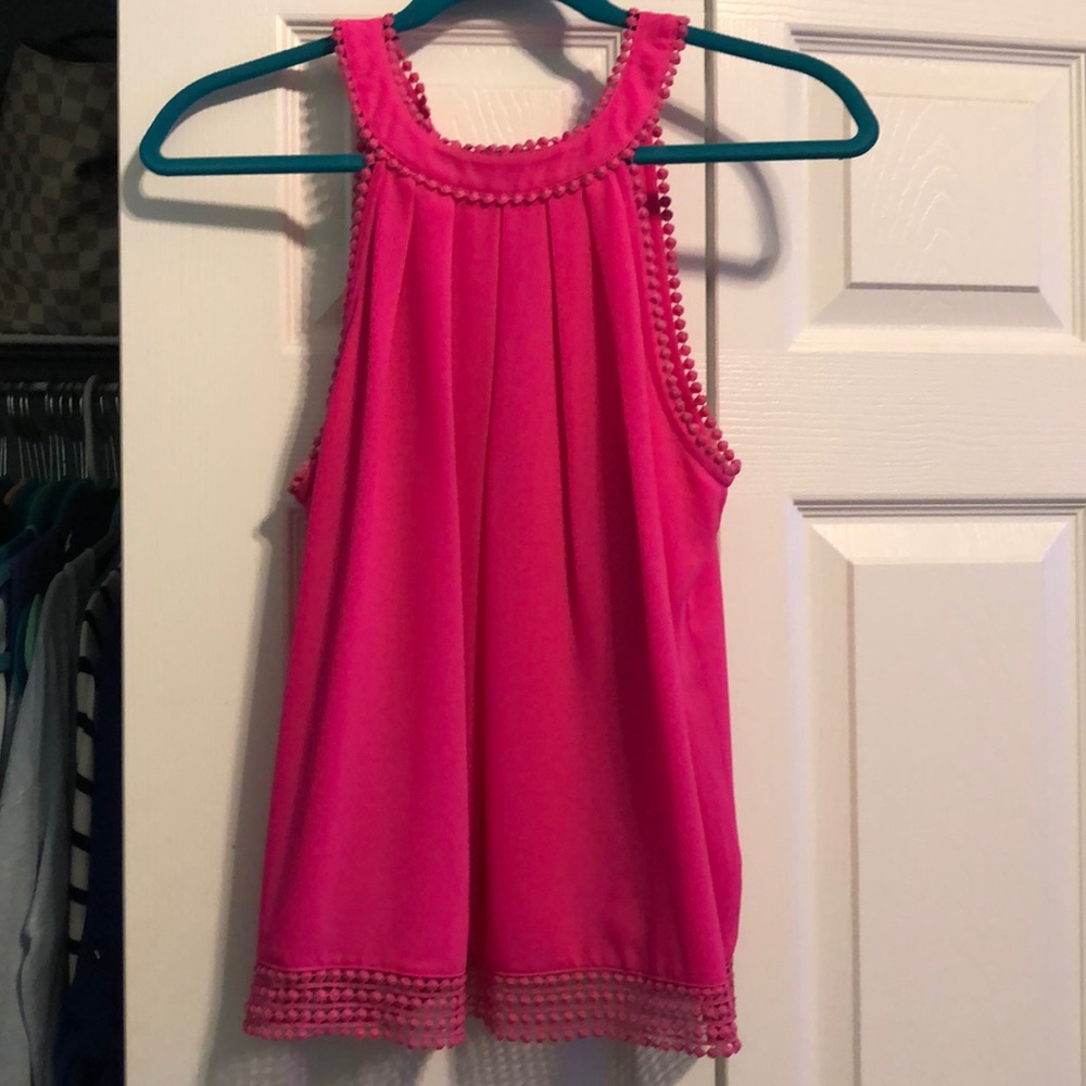Hot pink tank with bow back detail, crochet trim